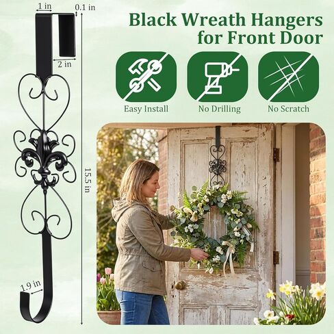 2 Pack Black Wreath Hangers for Front Door Heavy Duty Metal Wreath Hook 15.5 Inch Black Door Hanger Elegant Design Decor Wreaths Hanger for Easter Christmas Indoor Outdoor in Saudi Arabia