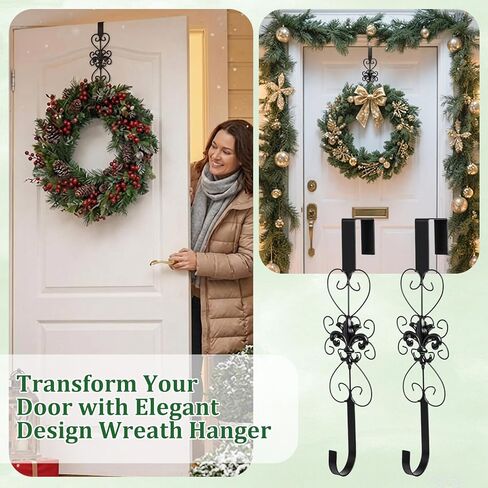 2 Pack Black Wreath Hangers for Front Door Heavy Duty Metal Wreath Hook 15.5 Inch Black Door Hanger Elegant Design Decor Wreaths Hanger for Easter Christmas Indoor Outdoor in Saudi Arabia
