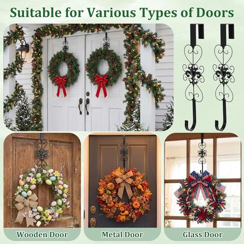 2 Pack Black Wreath Hangers for Front Door Heavy Duty Metal Wreath Hook 15.5 Inch Black Door Hanger Elegant Design Decor Wreaths Hanger for Easter Christmas Indoor Outdoor in Saudi Arabia