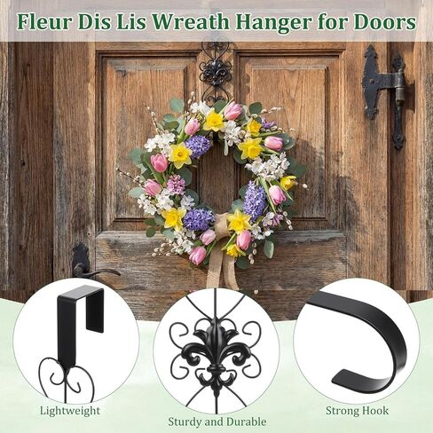 2 Pack Black Wreath Hangers for Front Door Heavy Duty Metal Wreath Hook 15.5 Inch Black Door Hanger Elegant Design Decor Wreaths Hanger for Easter Christmas Indoor Outdoor in Saudi Arabia
