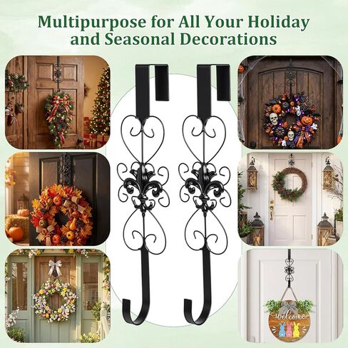 2 Pack Black Wreath Hangers for Front Door Heavy Duty Metal Wreath Hook 15.5 Inch Black Door Hanger Elegant Design Decor Wreaths Hanger for Easter Christmas Indoor Outdoor in Saudi Arabia