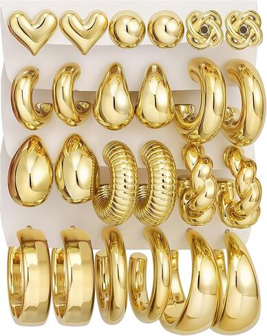 12 زوجًا من الأقراط الفضية المكتنزة للنساء العصرية، مطلية بالفضة خفيفة الوزن سميكة مفتوحة ملتوية، مجموعة أقراط هوجي هوب غير مشوهة in Kuwait