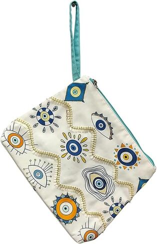 Clutch Bag with Evil Eye Print and Lace Design - Adjustable Detachable Strap - Stylish Zipper Closure Bag for Women and Girls - Ideal for Shopping Parties and Everyday Use in Saudi Arabia