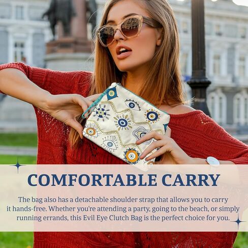 Clutch Bag with Evil Eye Print and Lace Design - Adjustable Detachable Strap - Stylish Zipper Closure Bag for Women and Girls - Ideal for Shopping Parties and Everyday Use in Saudi Arabia