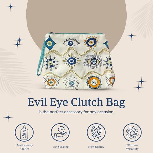 Clutch Bag with Evil Eye Print and Lace Design - Adjustable Detachable Strap - Stylish Zipper Closure Bag for Women and Girls - Ideal for Shopping Parties and Everyday Use in Saudi Arabia