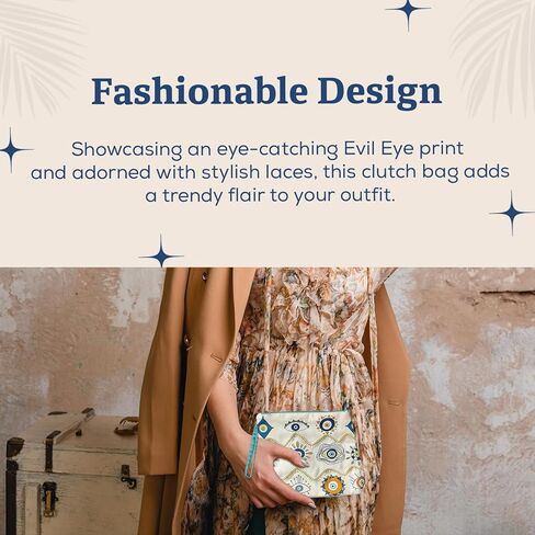 Clutch Bag with Evil Eye Print and Lace Design - Adjustable Detachable Strap - Stylish Zipper Closure Bag for Women and Girls - Ideal for Shopping Parties and Everyday Use in Saudi Arabia
