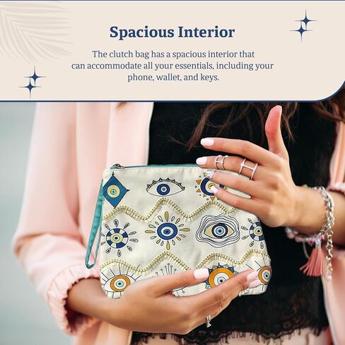 Clutch Bag with Evil Eye Print and Lace Design - Adjustable Detachable Strap - Stylish Zipper Closure Bag for Women and Girls - Ideal for Shopping Parties and Everyday Use in Saudi Arabia