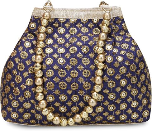 Indian Ethnic Designer Embroidered Silk Potli Bag Batwa Pearls Handle Purse (Blue-001) in Saudi Arabia