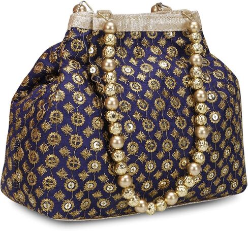 Indian Ethnic Designer Embroidered Silk Potli Bag Batwa Pearls Handle Purse (Blue-001) in Saudi Arabia