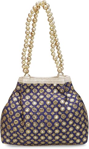 Indian Ethnic Designer Embroidered Silk Potli Bag Batwa Pearls Handle Purse (Blue-001) in Saudi Arabia