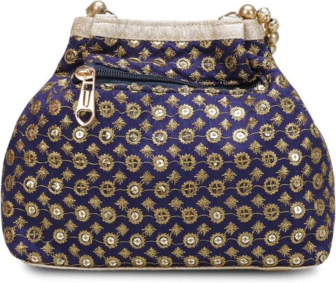 Indian Ethnic Designer Embroidered Silk Potli Bag Batwa Pearls Handle Purse (Blue-001) in Saudi Arabia