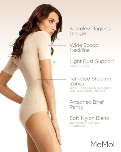 SlimMe Short Sleeve Shapewear Bodysuit, Tummy Control Shirts for Women, Wide Neckline Shapewear Shirt - Sizes Small to XL in Saudi Arabia