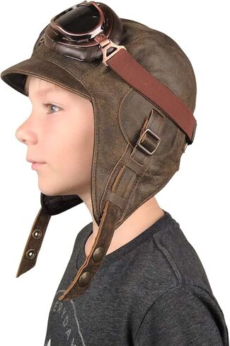 Kids Aviator Hat with Goggles, Real Brown Leather, Children's Pilot Flying Cap/Helmett (Small, Hat and Goggles A) in Saudi Arabia