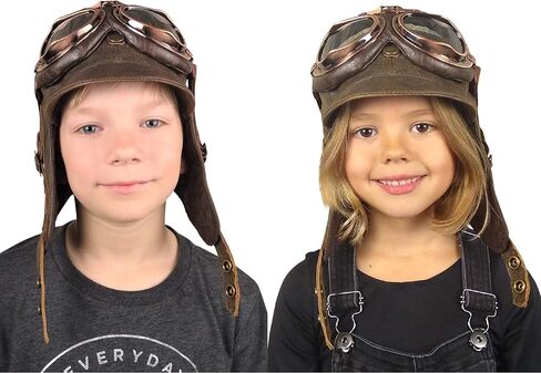 Kids Aviator Hat with Goggles, Real Brown Leather, Children's Pilot Flying Cap/Helmett (Small, Hat and Goggles A) in Saudi Arabia