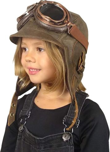 Kids Aviator Hat with Goggles, Real Brown Leather, Children's Pilot Flying Cap/Helmett (Small, Hat and Goggles A) in Saudi Arabia
