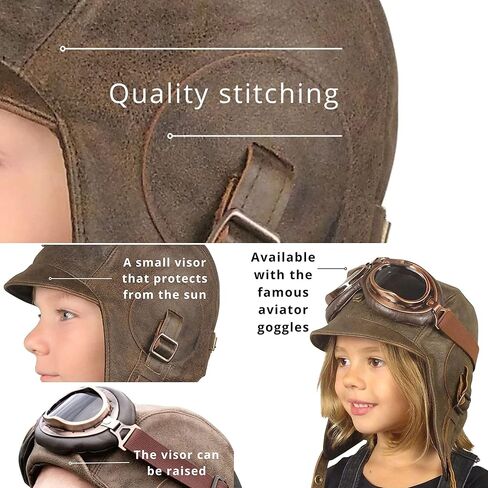 Kids Aviator Hat with Goggles, Real Brown Leather, Children's Pilot Flying Cap/Helmett (Small, Hat and Goggles A) in Saudi Arabia
