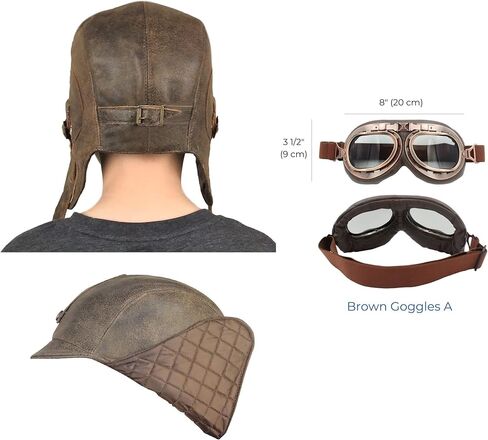 Kids Aviator Hat with Goggles, Real Brown Leather, Children's Pilot Flying Cap/Helmett (Small, Hat and Goggles A) in Saudi Arabia