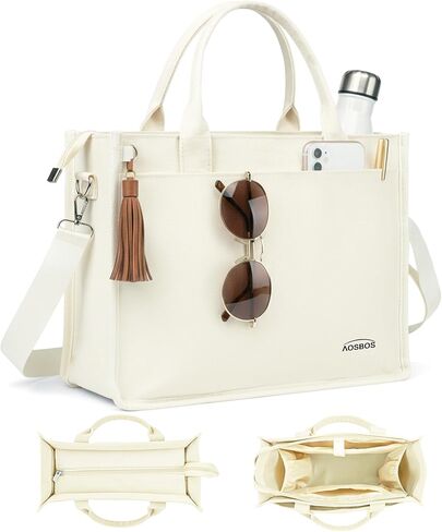 Aosbos Large Canvas Tote Bag for Women With Zipper,Laptop Compartments-Large Everyday Purse With Water Bottle Pocket For Work in Saudi Arabia