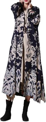 LUZU JUNU Women's Double Layer Cotton and Linen Elegant Long Trench Coat Chinese Style Jacket with Dragon Print in Kuwait