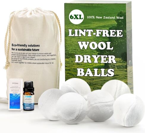 Wool Dryer Balls - Lint-Free - 6XL Pack - 1000+ Loads - Premium Natural Fabric Softener - Reduces Drying Time & Static - Includes Essential Oil - with Storage Bag in Kuwait