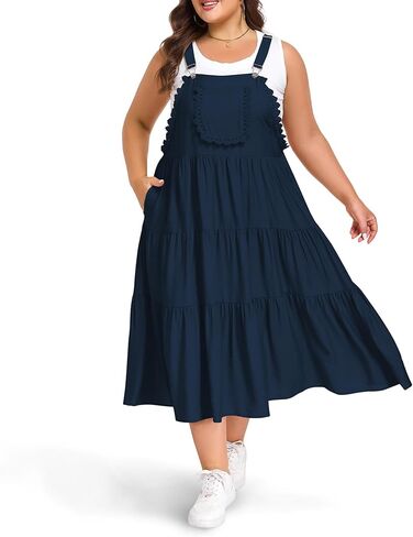Moon Wood Plus Size Overall Dress for Women Casual Bib Jumper Dress with Pockets Adjustable Straps Summer Maxi Dress in Saudi Arabia
