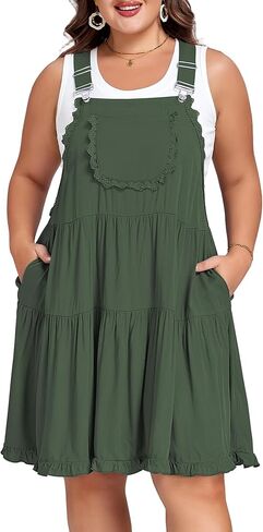 Moon Wood Plus Size Overall Dress for Women Adjustable Straps Lace Trim Jumper Dress with Pockets Tiered Mini Dress in Saudi Arabia