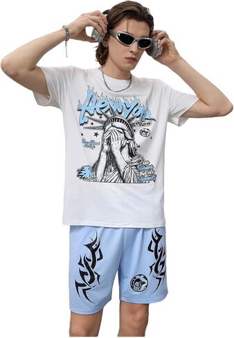Men's 2 Piece Casual Outfits Y2K Short Sleeve Graphic Tees & Drawstring Track Shorts Streetwear in Saudi Arabia