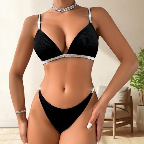 Lingerie Set 1-Pack, Ribbed Sparkle-Trimmed Two-Piece Luxurious Intimate Apparel in Black in Saudi Arabia
