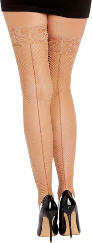 Dreamgirl Womens Fishnet Thigh High Stockings with Silicone Lace Top and Back Seam in Saudi Arabia