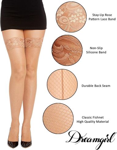 Dreamgirl Womens Fishnet Thigh High Stockings with Silicone Lace Top and Back Seam in Saudi Arabia