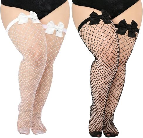 2 Pair Plus Size Fishnet Tights Stockings with Bows Thigh High Stockings for Women Party Cosplay in Saudi Arabia