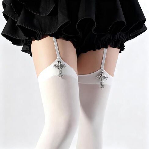 2 Pairs Halloween Thigh High Stockings Gothic Cross Patterned Tights Black High Socks Cosplay for Women in Saudi Arabia