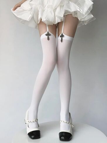 2 Pairs Halloween Thigh High Stockings Gothic Cross Patterned Tights Black High Socks Cosplay for Women in Saudi Arabia