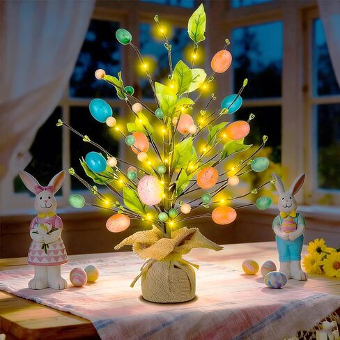 Easter Decorations for Home, 18 Inch Easter Egg Tree with Timer Fairy Lights Colorful Egg Adjustable Branches Mini Tabletop Tree Artificial Tree for Wedding Centerpiece Spring Decor in Saudi Arabia