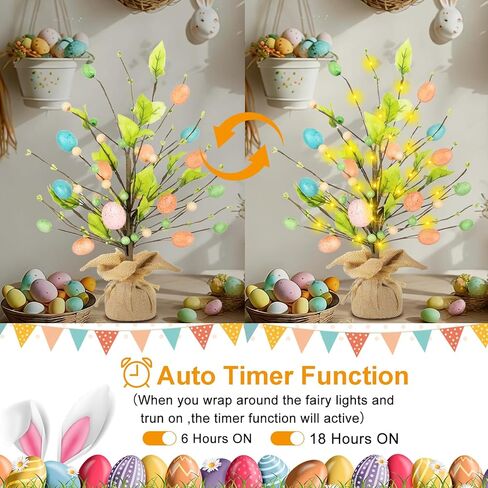 Easter Decorations for Home, 18 Inch Easter Egg Tree with Timer Fairy Lights Colorful Egg Adjustable Branches Mini Tabletop Tree Artificial Tree for Wedding Centerpiece Spring Decor in Saudi Arabia
