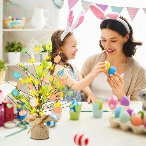 Easter Decorations for Home, 18 Inch Easter Egg Tree with Timer Fairy Lights Colorful Egg Adjustable Branches Mini Tabletop Tree Artificial Tree for Wedding Centerpiece Spring Decor in Saudi Arabia