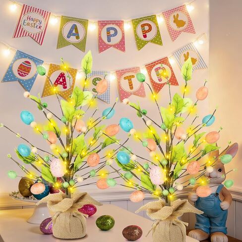 Easter Decorations for Home, 18 Inch Easter Egg Tree with Timer Fairy Lights Colorful Egg Adjustable Branches Mini Tabletop Tree Artificial Tree for Wedding Centerpiece Spring Decor in Saudi Arabia