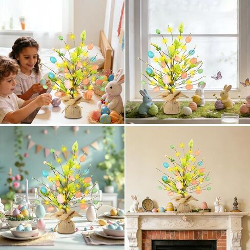 Easter Decorations for Home, 18 Inch Easter Egg Tree with Timer Fairy Lights Colorful Egg Adjustable Branches Mini Tabletop Tree Artificial Tree for Wedding Centerpiece Spring Decor in Saudi Arabia