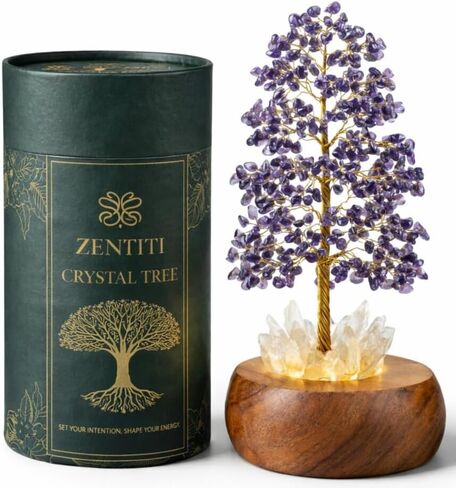 7 Chakra Crystal Tree of Life with LED Light, Handcrafted Gemstone Bonsai with Quartz Crystal Base & Acacia Wood Stand, Spiritual Home & Office Décor, Thoughtful Gift for Women in Saudi Arabia
