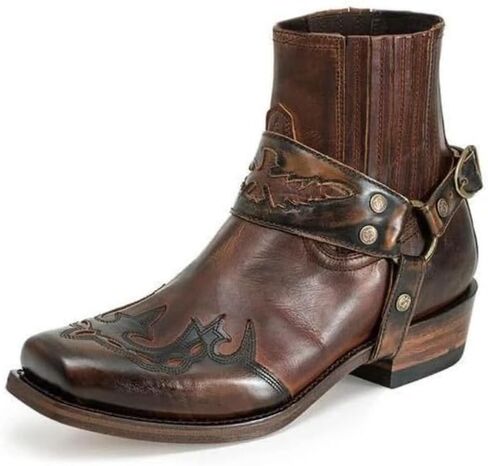 Men's Belt Strap Studded Western Cowboy Boots Square Toe Vintage Embroidery Pull on Ankle Boots Men's Fashionable Western Booties in Saudi Arabia