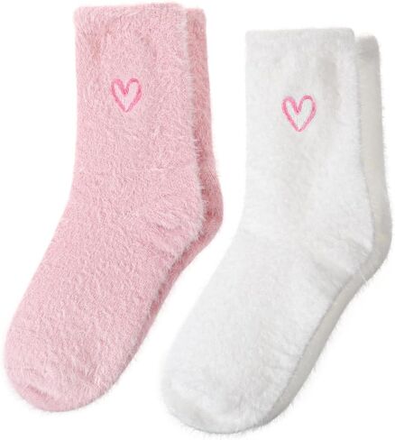 2 Pairs Super Soft Fuzzy Socks for Women, Winter Embroidered Heart Sleeping Socks in Saudi Arabia