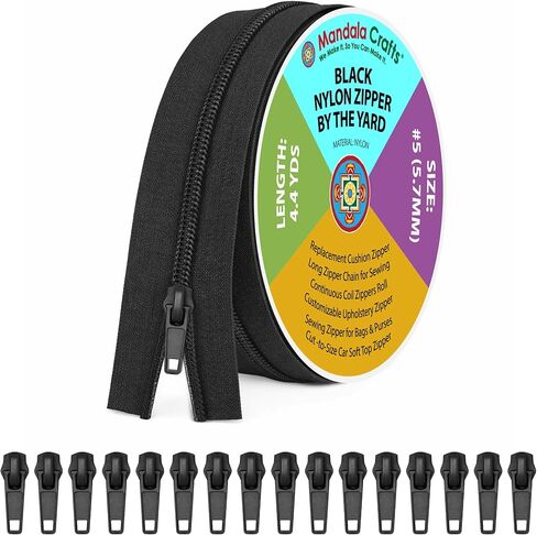 Mandala Crafts Long Zipper by The Yard – Coil Zipper by The Yard #5 – Continuous Zipper Roll for Sewing - Upholstery Zipper Chain with 16 Installed Sliders 4.4 Yards Long Black Zipper in Saudi Arabia