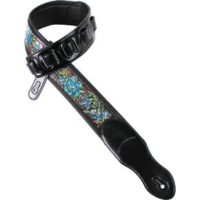 Walker And Williams KB-11 Gloss Black Strap With Carved Cyan Blue Roses On Thick Carving Leather For Acoustic, Electric, And Bass Guitars