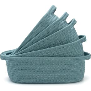 5-Piece Rectangle Storage Basket Set- Natural Cotton Rope Woven Baskets for Organizing! Small Basket for Montessori, Baby Nursery, Dog Toy Baskets, Cat Toy Box, Bathroom Organization Bin- Lake Blue