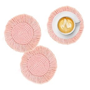 2 PCS Handmade Boho Coasters,100% Cotton Woven Macrame Absorbent Coasters for Drinks,Heat Resistant Cotton Coasters for Coffee Table,Desk Kitchen Dining Room Kitchen,Housewarming Gift(Pink)