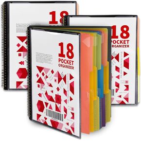Binditek 3 Pack 18 Pocket Poly Project Organizer with 9 Dividers, Heavyduty Folder with Customizable Front Cover, Metal Wire Binding Spine, Extra Zipper Pouch, Letter Size, Office Supplies