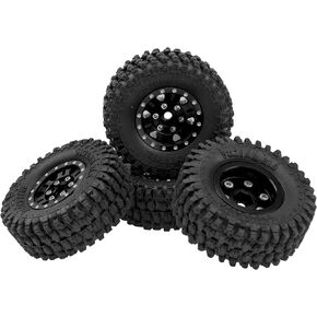 4Pack HIRCQOO 1.0" SCX24 Beadlock Wheels 7mm Hex Wheel Rims & Rubber Crawler Tires Set Compatible with Axial SCX24 1/24 Deadbolt AXI00002 AXI90081 AXI00002V2 RC Crawler Car (Red)