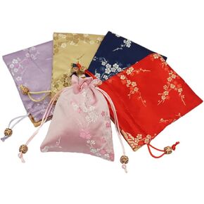 ALPADA 5pcs Silk Brocade Jewelry Pouch, Flower Embroidered Candy Bag Chinese Element Double Layer Drawstring Bag Storage Pouches Candy Coin Purse Gift Bag