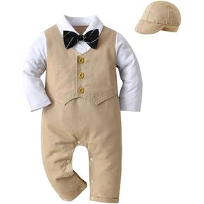 Dressy Daisy Infant Baby Boy One Piece Vest Suit Set with Hat Onesie Gentleman Formal Romper Outfit, Black/Khaki