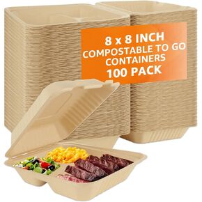 YAYODS 100 Pack Compostable To Go Containers, 3 Compartment Disposable Clamshell Take Out Food Containers 8X8 To Go Boxes for Food, Restaurant